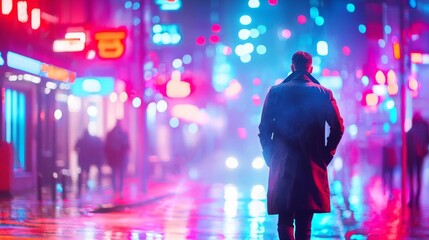 A solitary figure walks through a vibrant, neon-lit city street at night.