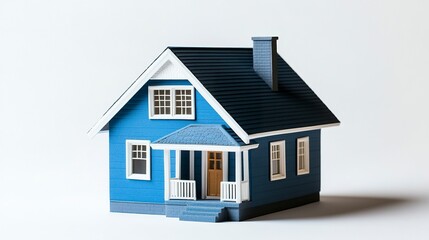 Tiny blue house model with simple architectural details white accents clean and sleek real estate visualization isolated on white background 