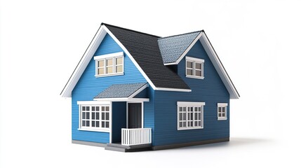 Tiny blue house model with simple architectural details white accents clean and sleek real estate visualization isolated on white background.  