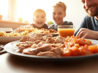 A man and child joyfully sharing a meal together while enjoying leftover dishes with smiles and laughter