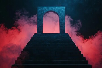 A mystical archway on stairs leading into an ethereal cosmic fog.