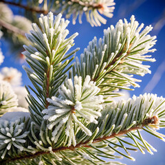 Fototapeta premium Capturing Frosted Evergreen Branches A Study in Winter Elegance