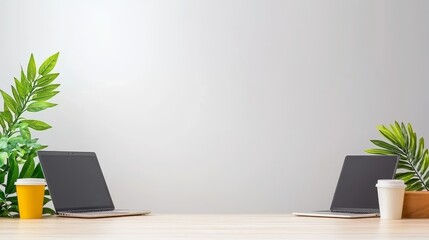 Fototapeta premium Modern Minimalist Office Workspace With Two Computers And Greenery