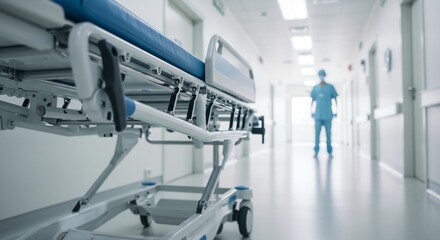 Empty Hospital Stretcher in Sterile Corridor with Blurred Medical Professional in Background - Healthcare, Medicine, Emergency, Cleanliness, Modern Hospital