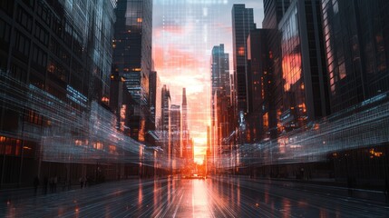 Obraz premium Futuristic city street at sunset. Possible use Stock photo