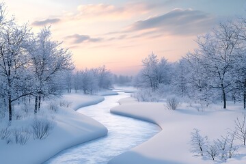 Fototapeta premium Serene Winter Wonderland: Snow-Covered Trees and Flowing River Landscape