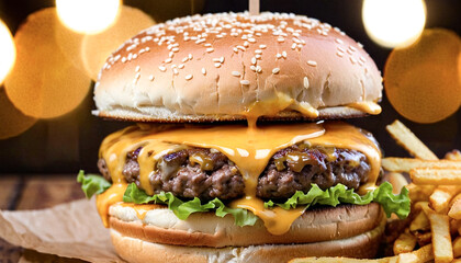 Close-up photo of delicious and juicy hamburger with a blurred background.
