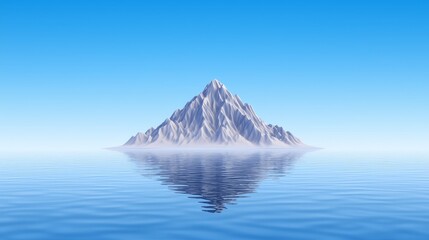 Mountain Peak Reflecting in Calm Ocean Water under a Clear Sky