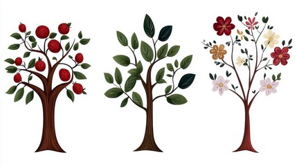 Obraz premium Three Pixel Art Trees Depicting Seasons Apples, Leaves, Blossoms