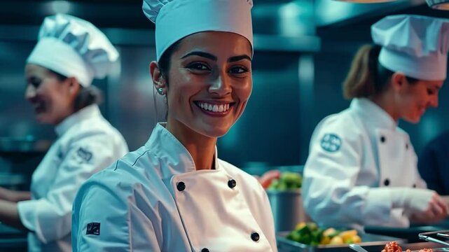 This video captures a joyful female chef smiling in a busy kitchen. Her professionalism shines as her team works hard. A great representation of culinary passion and skill. Generative AI