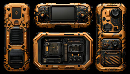 Detailed view of an orange and black rugged gaming device showcasing its unique design and features