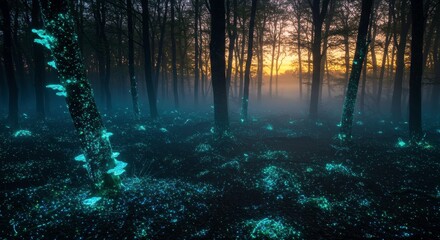 Fototapeta premium Enchanting Glowing Forest at Dawn Magical Bioluminescent Mushrooms and Trees