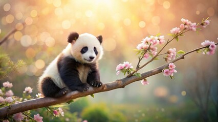 Naklejka premium Adorable Baby Panda Cub Perched on a Branch Amidst Delicate Pink Blossoms in a Serene Natural Setting