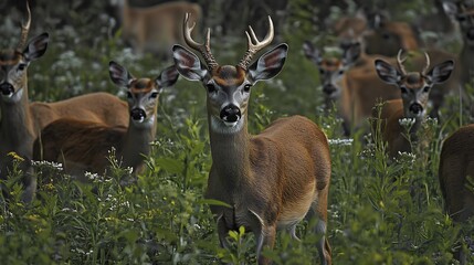 Herd of deer grazing in a meadow selective color emphasizing the deer's antlers