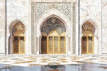 Obraz premium Watercolor painting of a grand mosque entrance with golden accents and detailed stonework. Soft shadows fall across the patterned floor, on isolated white background