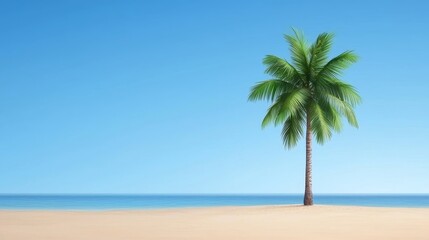 Fototapeta premium Palm Tree On Sandy Beach Under A Blue Sky