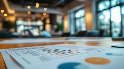 Business documents and charts displayed on a conference room table