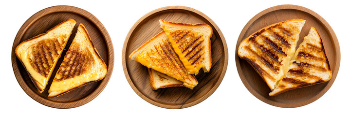  grilled cheese on wood plate, transparent background