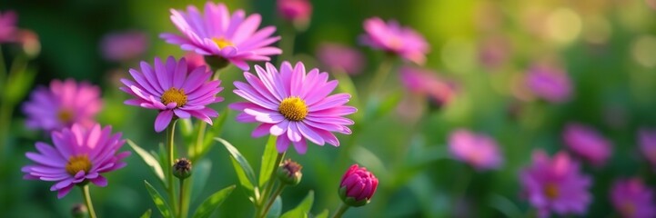 Obraz premium Purple aster flowers blooming in a lush garden, showcasing their vibrant color and delicate petals, macro, beauty