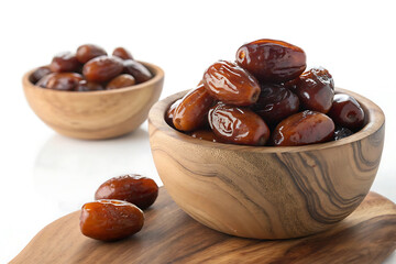 Fototapeta premium Rustic Wooden Bowl with Glossy Dates – Natural Sweetness and Warmth in Still Life