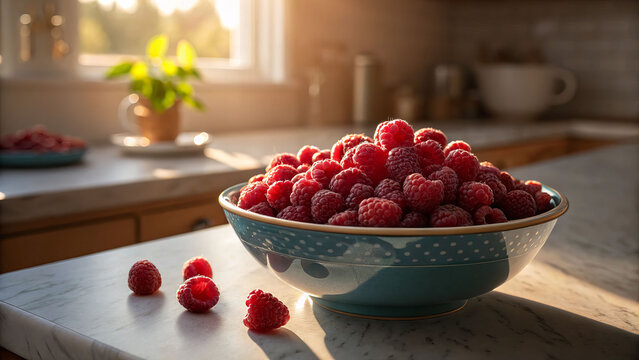 Harvesting loganberry a bountiful bowl in a sunlit kitchen fresh fruit display home environment close-up view