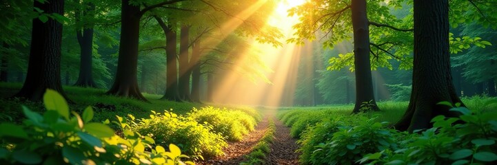 Sunlight streaming through dense summer forest,  green,  peaceful