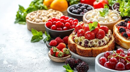 A platter of gourmet stuffed french toast with assorted fresh fruits including berries and bananas for brunch