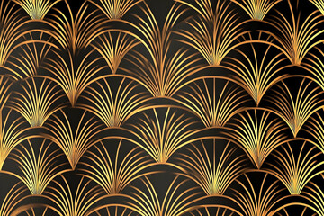 Elegant Art Deco pattern featuring golden fan shapes on a black background, ideal for design projects