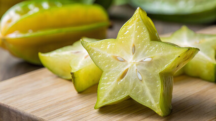 Close up of freshly sliced star fruit on wooden board nature food photography vibrant green background