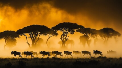 Herd of wildebeest migrating across the African savanna selective color emphasizing the dust kicked up by the hooves