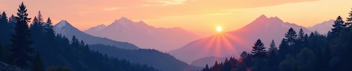 Realistic morning mountain landscape with pine trees, silhouetted mountains, and a peaceful forest setting,  background,  mountains