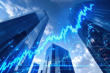 Tall glass skyscrapers reflecting blue sky with stock market data overlay, featuring glowing financial graphs and charts, symbolizing economic growth. Ai generative
