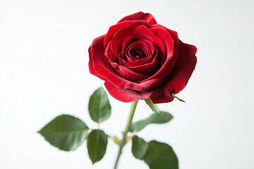 A single, perfect red rose, a timeless symbol of love and passion, elegantly presented against a soft white backdrop.