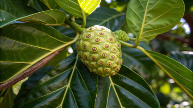 Close up on noni fruit still attached to tree tropical environment nature macro shot perspective