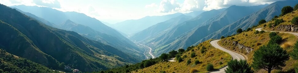 Sweeping mountainous landscape with winding roads leading to Villavicencio, Meta,  adventure,  transportation