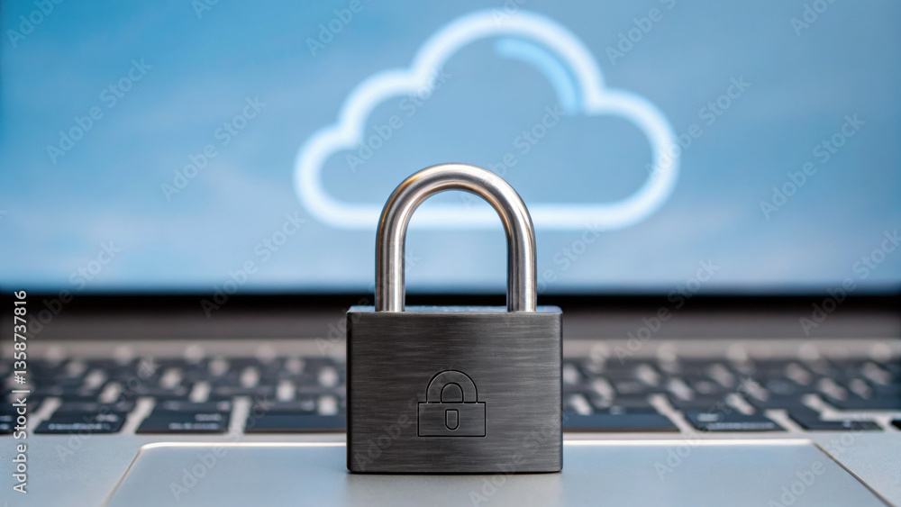 Poster cloud base file storage padlock on laptop keyboard symbolizes cloud data security