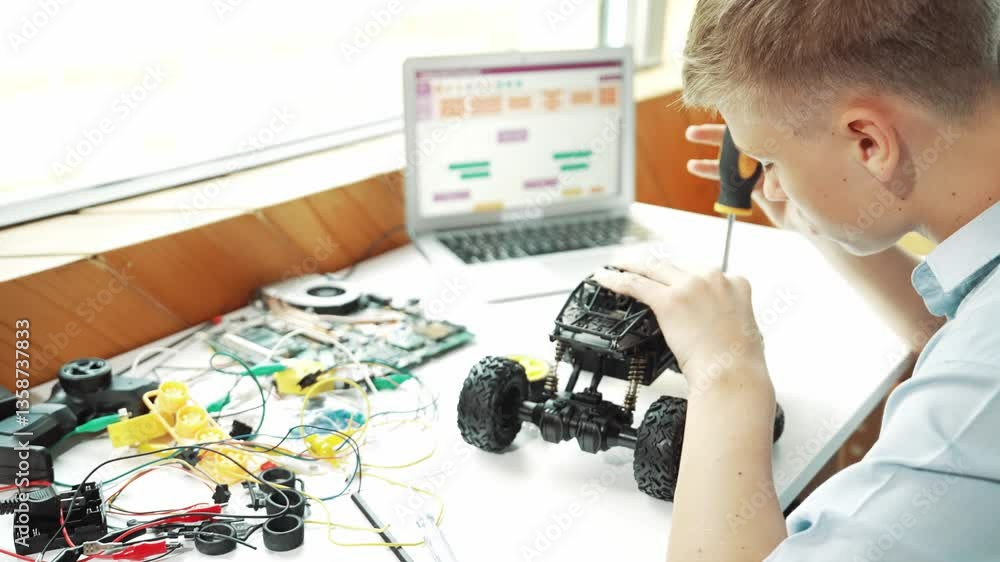 Poster happy teenager fixing robotic model while using electronic equipment remove car wheel with wire and 
