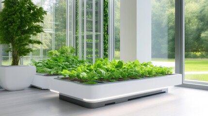Fototapeta premium Modern indoor vertical garden system in a bright, spacious room with large windows overlooking a lush outdoor garden. 