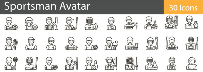 Sportsman Avatar Line Icons Collection. Athlete, Fitness, Sports Player, and Active Lifestyle Outline Icons. Editable Stroke, Vector Illustration.