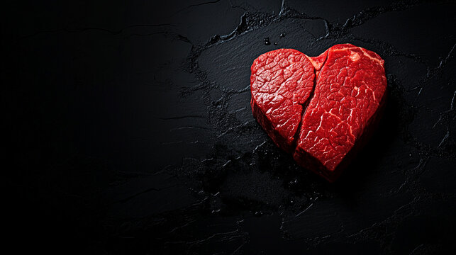 heart shape made from raw beef chunks with detailed texture, showcasing fresh red meat in a modern design with vast empty space, symbolizing infinite potentiality and chaos