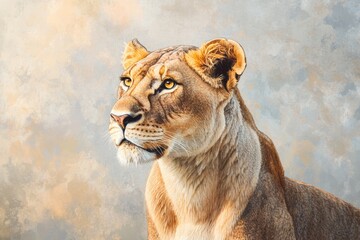 Obraz premium A majestic lioness, painted with detail, gazes intently into the distance, her golden fur catching the light.