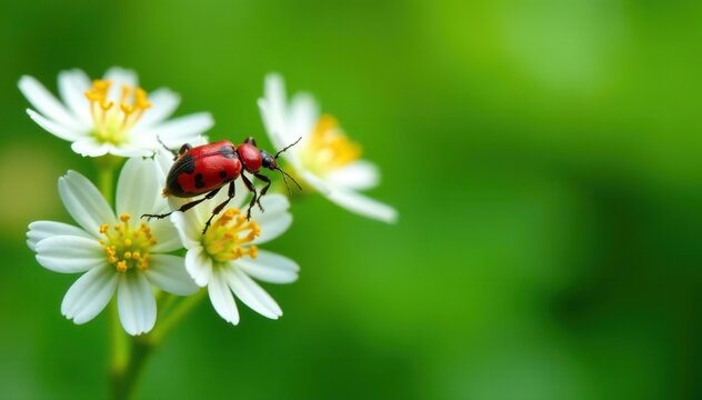 Red trichodes beetle crawling on white falcaria flowers against natural green background,  beauty,  delicate