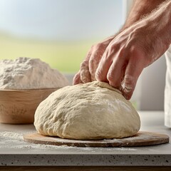 Obraz premium Focused home cook kneading dough on a small countertop surrounded by flour and ingredients in a bright kitchen space