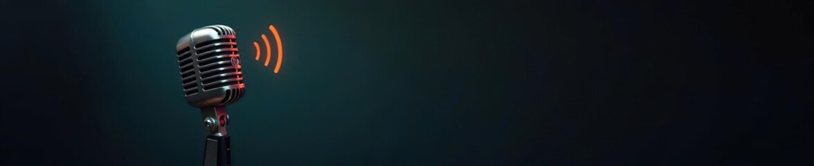 Retro microphone emitting radio waves against a dark background,  broadcast,  communication