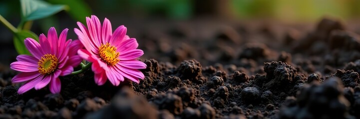 Obraz premium Rich dark garden soil envelops vibrant aster flowers, creating an earthy and natural scene, outdoors, dark soil