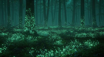 Enchanting Glowing Forest at Night Magical Luminescent Plants and Trees