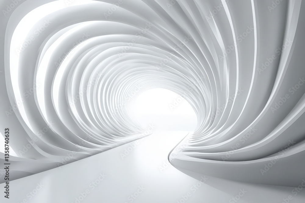 Poster abstract white architectural tunnel with dynamic curved walls leading to a bright light source at th