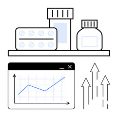 Medicine bottles, blister pack, graph with upward trend, and arrows upward. Ideal for healthcare, pharmacy growth, research, medical innovation progress investment entrepreneurship. Flat simple