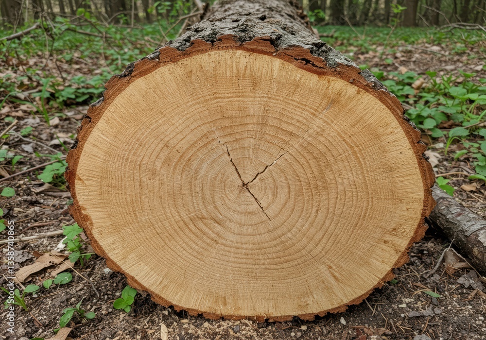 Poster cross section of a tree trunk with growth rings in a forest setting