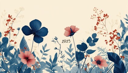 Blue And Pink Flowers On Cream Background Floral Illustration